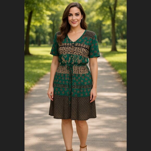 VTG Carole Little 10 Petite View Point Panel Print Tie Front Short Sleeve Dress - Picture 1 of 15